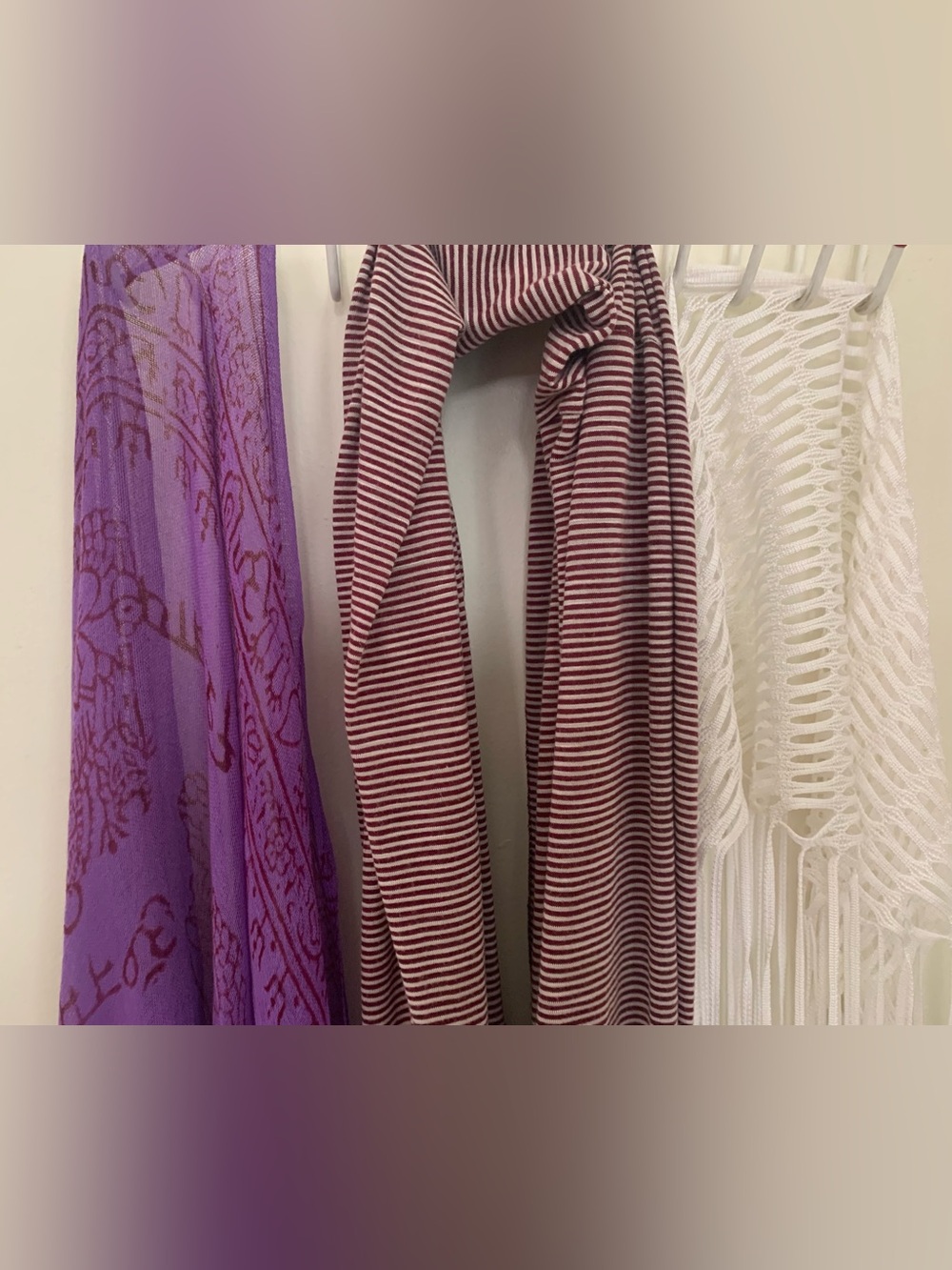 Striped Burgundy and Cream Scarf
Purple Scarf 
White Cover-Up/Scarf